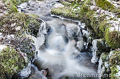 Flow of water in the spring of icicles and ice