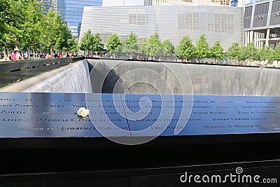Flower left at the National 9 11 Memorial at Ground Zero in Lower Manhattan