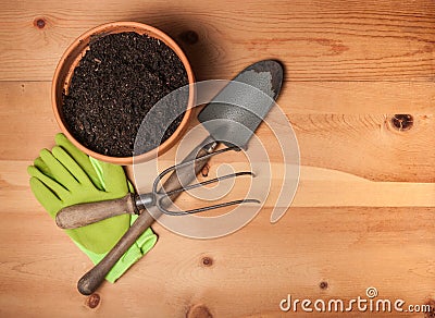 Flower pot with garden tools and gloves