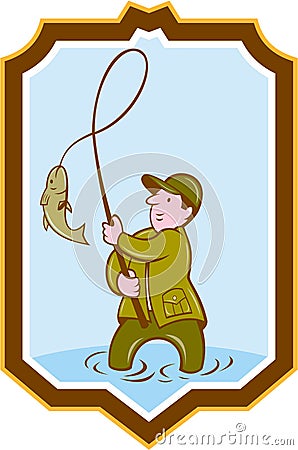 Fly Fisherman Fish On Reel Shield Fly Fisherman Fish On Reel Shield Stock