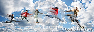 Flying people on sky cloud panorama collage