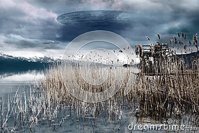 Flying saucer over lake