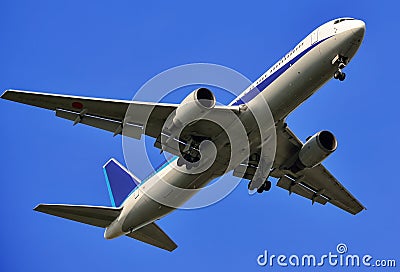 Flying airplane over blue sky