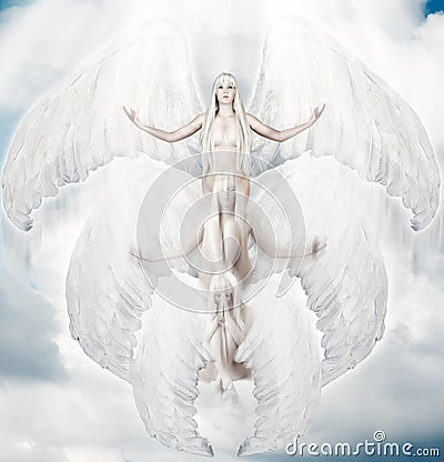 Flying white angel with big wings.