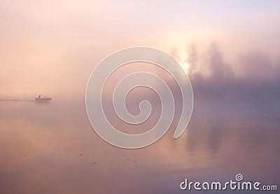 Fog fishing boat lake