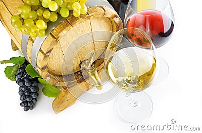 Red and white wine on white background