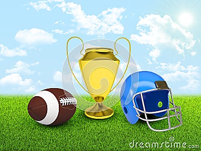 Football ball, gold cup and helmet in the of field