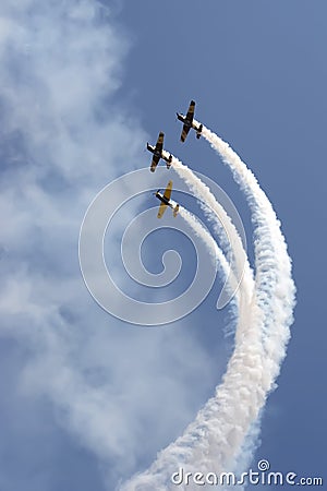 Formation of YAK 52 airplanes at Romanian Air Show