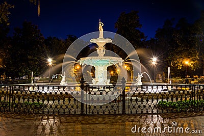 Fountain at Forsyth Park at night, in Savannah, Georgia.