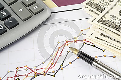 Fountain pen and calculator on the financial graph.
