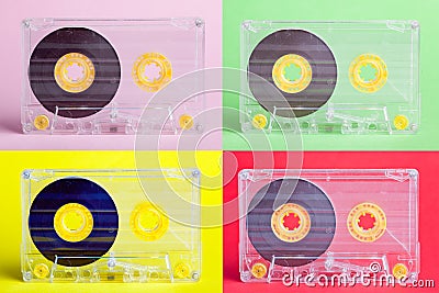 Four audio cassettes on difrent backgrounds