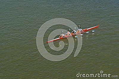 Four men rowing on Danube river