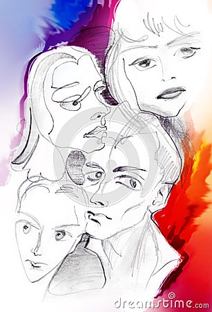 Four people s faces - colored sketch