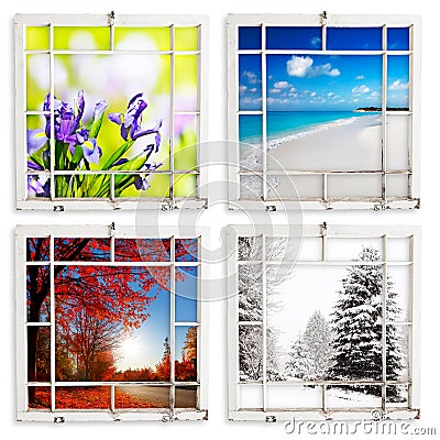 Four season views through grungy painted windows