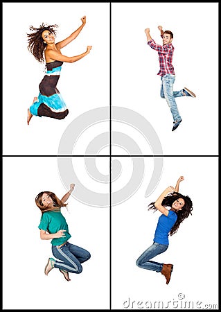 Four young people jumping