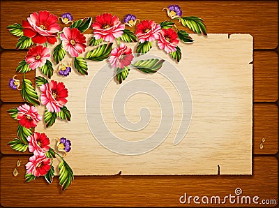 Frame of flowers on a wooden background