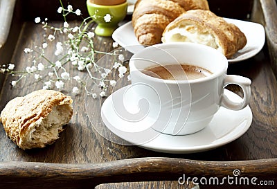 French Breakfast with Coffee, Flower and Croissants