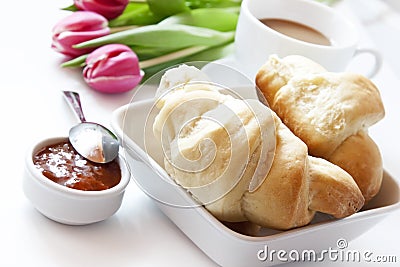 French Breakfast with Croissants Coffee and Flowers