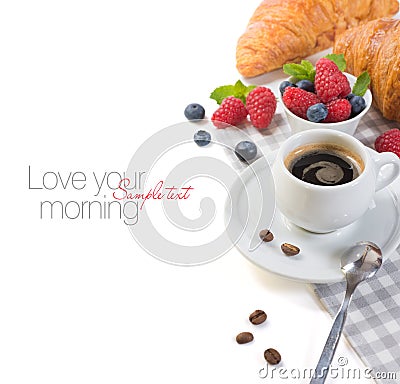 French croissants and coffee espresso on white background