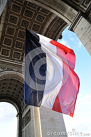 French flag flying under Arc de Triomphe