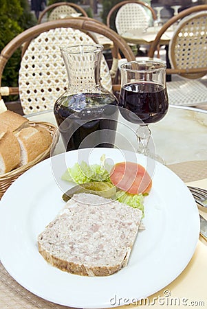 French food pate terrine of rabbit with red wine in cafe photogr