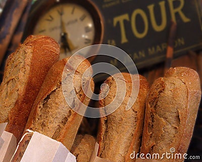 Fresh Crusty Baguette in a French Cafe.