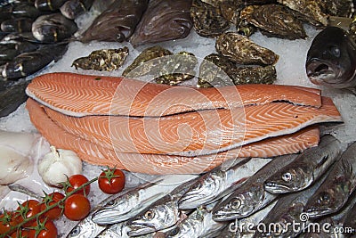 Fresh fish and fruits of the sea on fishmarket
