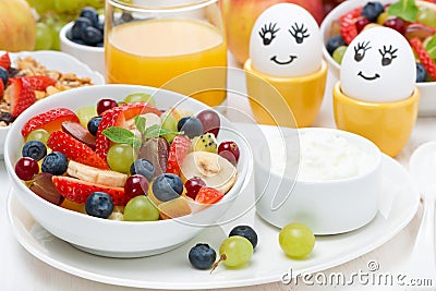 Fresh fruit salad, cream and painted eggs for breakfast