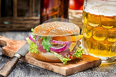 Fresh homemade burger and a cold beer