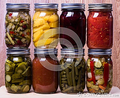 Fresh homemade preserved vegetables and fruits