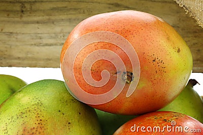 Fresh mango fruit in a wooden box