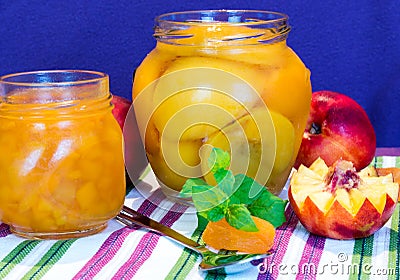 Fresh peaches and peach jam.