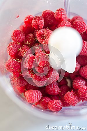 Fresh raspberries in a food processor