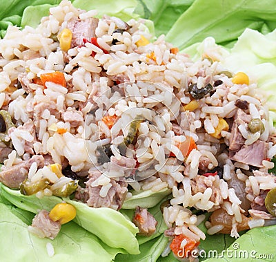 A fresh salad with rice, vegetables and tuna