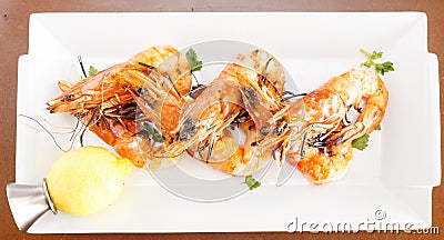 Fresh seafood starter of grilled prawns