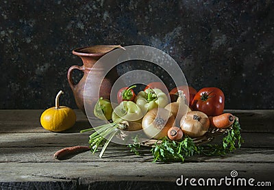 Fresh vegetables in wicker baskets