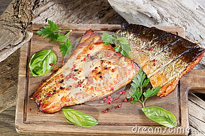 Freshly Smoked Salmon in natural wooden setting