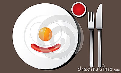 Fried egg and sausage on white plate vector