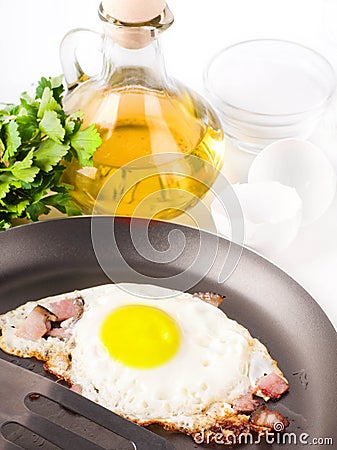 Fried eggs on a frying pan