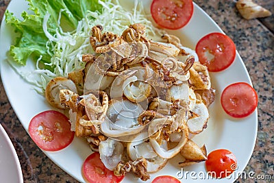 Fried or grilled squid with egg ready to eat