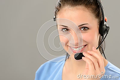 Friendly support phone operator wearing headset