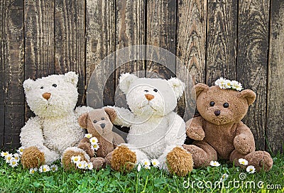 Friends or happy teddy bear family on wooden background for conc