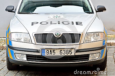 Front view of the police car in Prague city