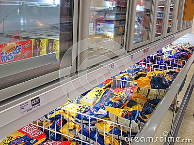 Frozen foods cabinet in a store.