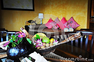 Fruit basket in hotel room