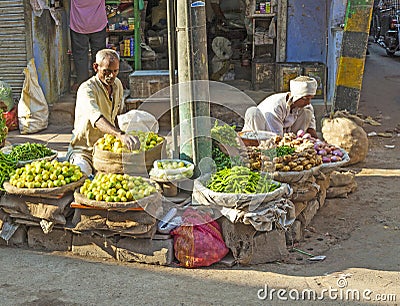 Fruit and veg stall at the Chawri Bazar in Delhi, India