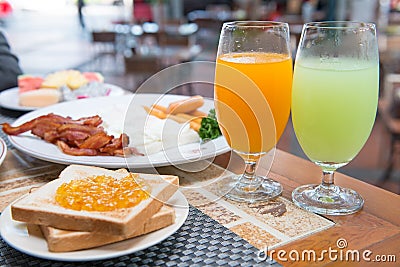 Fruits juice on the table in breakfast time
