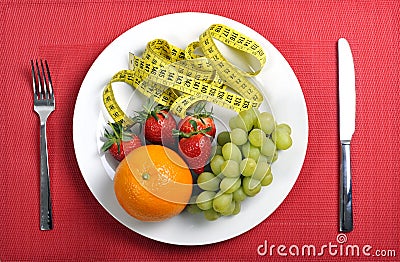 Fruits on plate with measure tape in diet concept