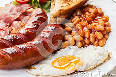 Full English breakfast with bacon, sausage, fried egg and baked beans