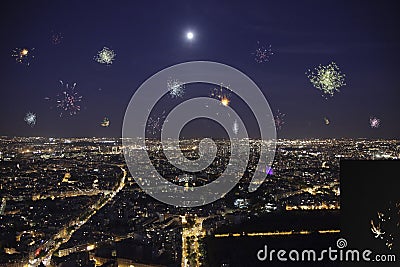Full moon over paris with firework